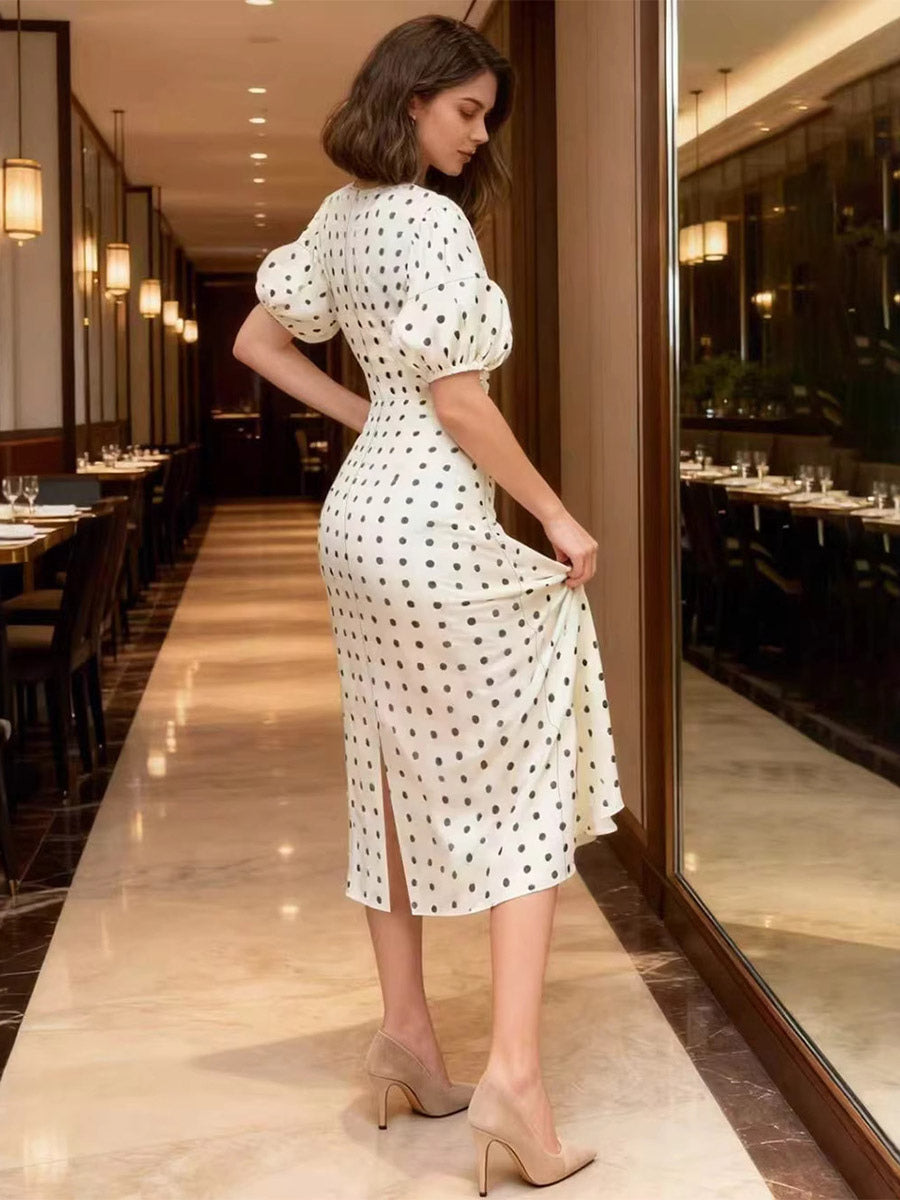 Date Night Dresses Midi Lace Half Sleeves Polka Dot V-Neck Elegant White Dress