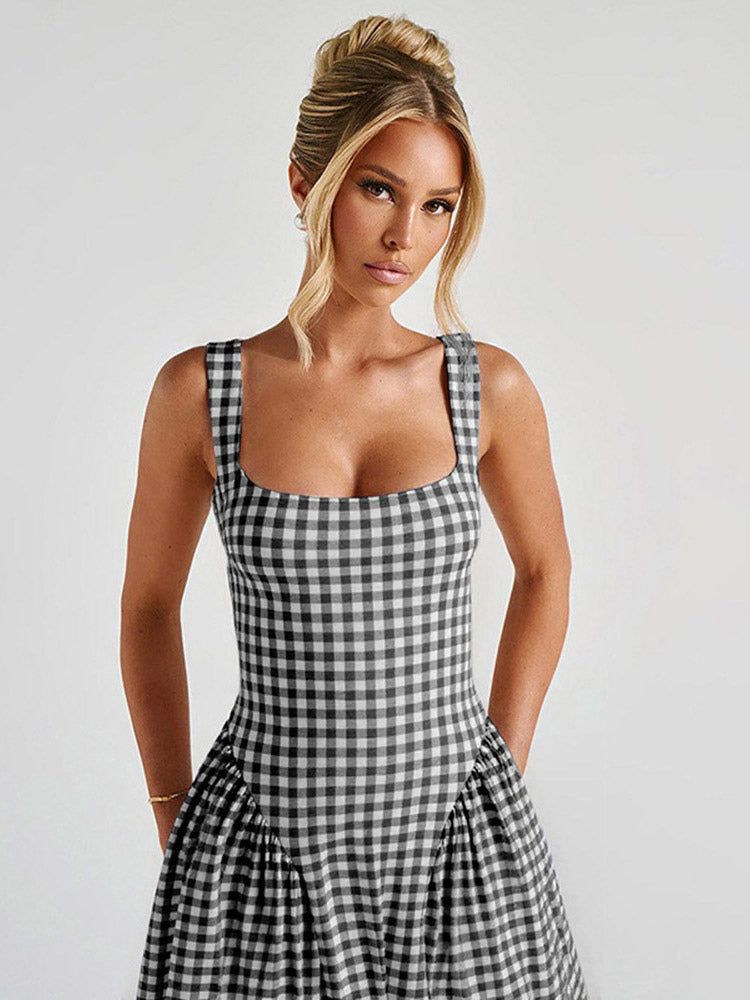 Date Night Dresses Midi Sleeveless Plaid Square Neck Elegant Black Dress