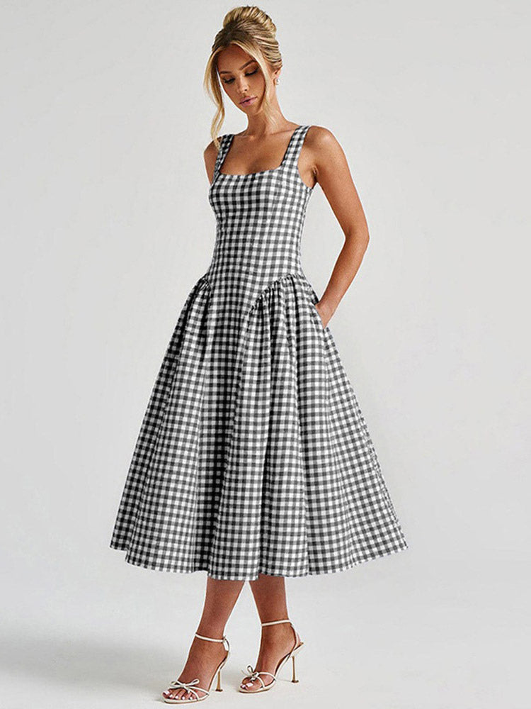 Date Night Dresses Midi Sleeveless Plaid Square Neck Elegant Black Dress