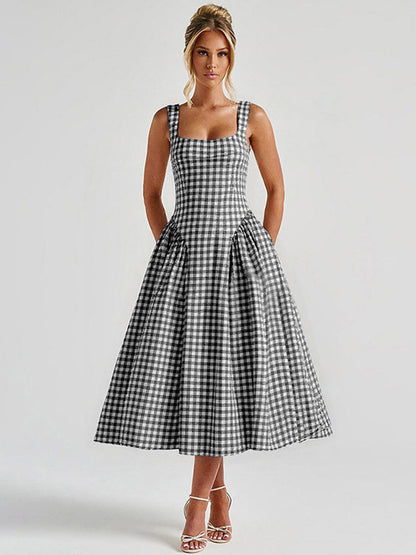 Date Night Dresses Midi Sleeveless Plaid Square Neck Elegant Black Dress