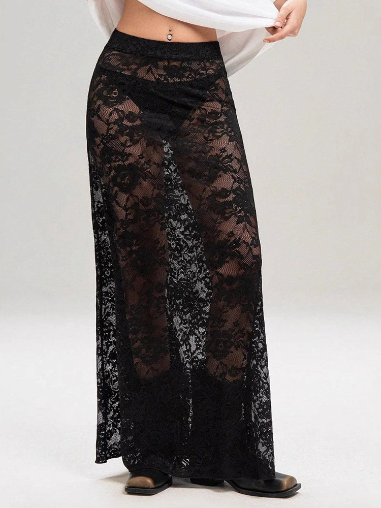 Skirts Black Natural Waist Sexy Sheer Long Women's Bottoms
