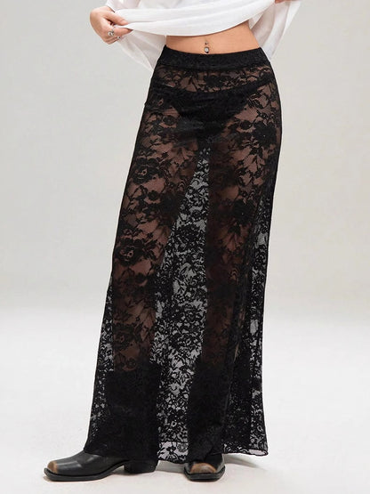 Skirts Black Natural Waist Sexy Sheer Long Women's Bottoms