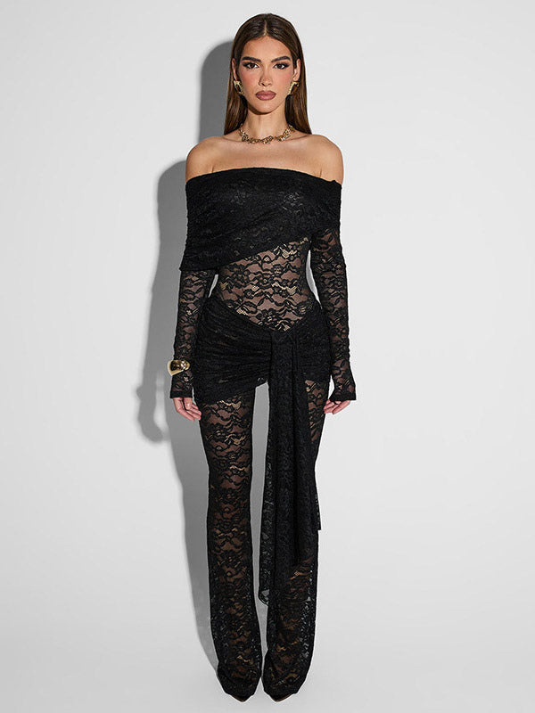 Jumpsuits Black Off-The-Shoulder Long Sleeves Lace Sheer Flared Summer Playsuit