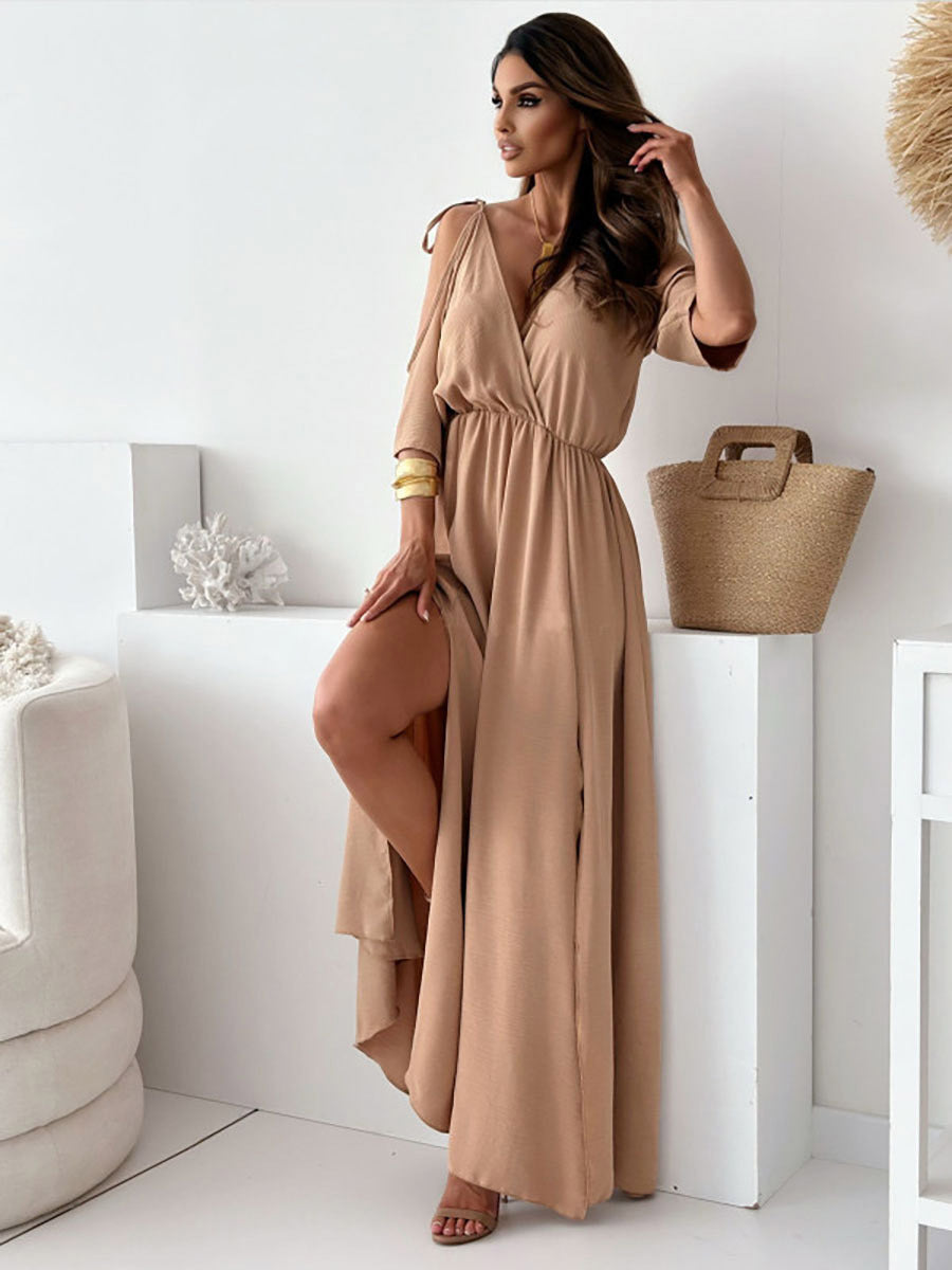 Party Dress Maxi Khaki V-Neck Ruffles Half Sleeves Flared Sleeves Elegant Semi Formal Dress