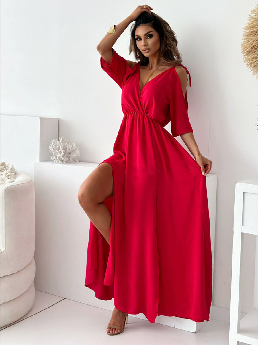 Party Dress Maxi Khaki V-Neck Ruffles Half Sleeves Flared Sleeves Elegant Semi Formal Dress