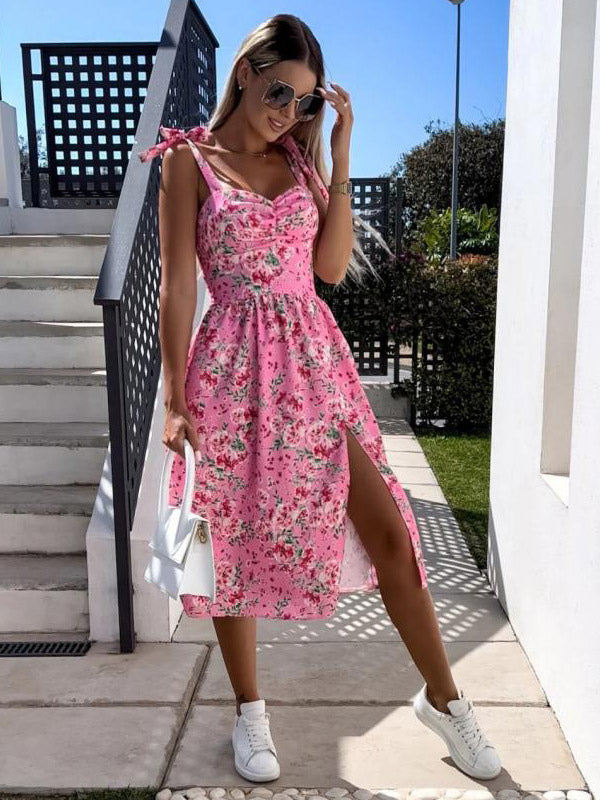 Daily Dresses Women's Midi Pink Lycra Spandex Backless Flowers Sleeveless Strapless Natural Waist Dress