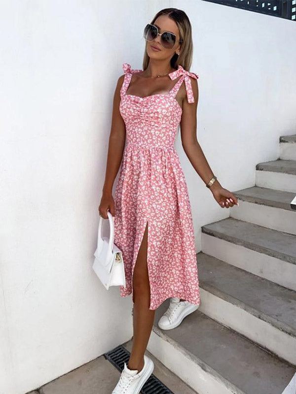 Daily Dresses Women's Midi Pink Lycra Spandex Backless Flowers Sleeveless Strapless Natural Waist Dress