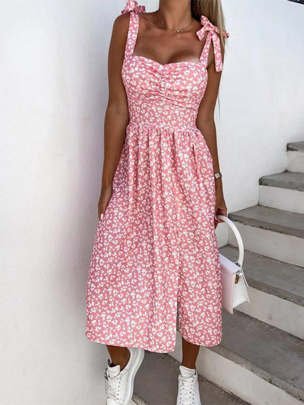 Daily Dresses Women's Midi Pink Lycra Spandex Backless Flowers Sleeveless Strapless Natural Waist Dress