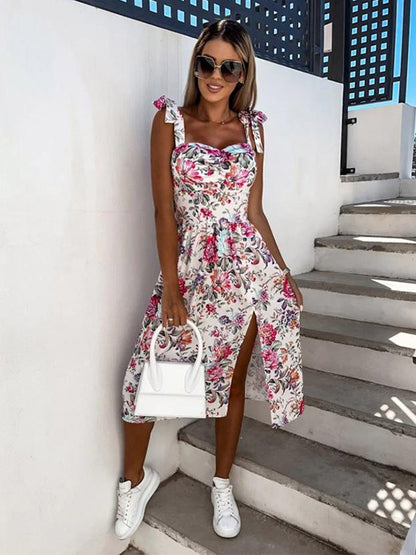 Daily Dresses Women's Midi Pink Lycra Spandex Backless Flowers Sleeveless Strapless Natural Waist Dress