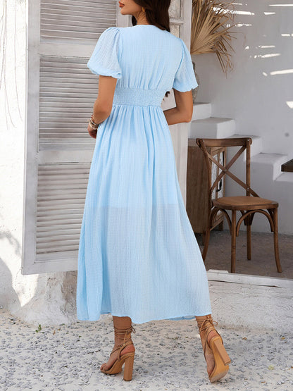 Daily Dresses Woman's Maxi Black Backless Buttons Short Sleeves V-Neck Raised Waist Dress