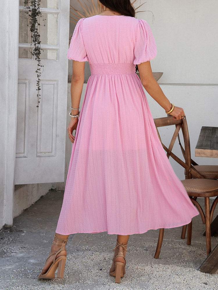 Daily Dresses Woman's Maxi Black Backless Buttons Short Sleeves V-Neck Raised Waist Dress