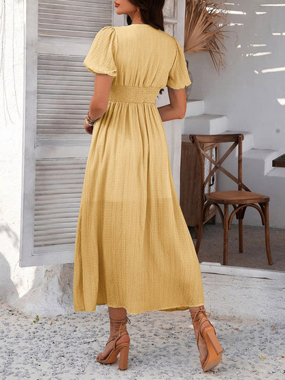 Daily Dresses Woman's Maxi Black Backless Buttons Short Sleeves V-Neck Raised Waist Dress