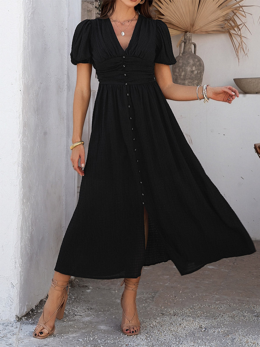 Daily Dresses Woman's Maxi Black Backless Buttons Short Sleeves V-Neck Raised Waist Dress