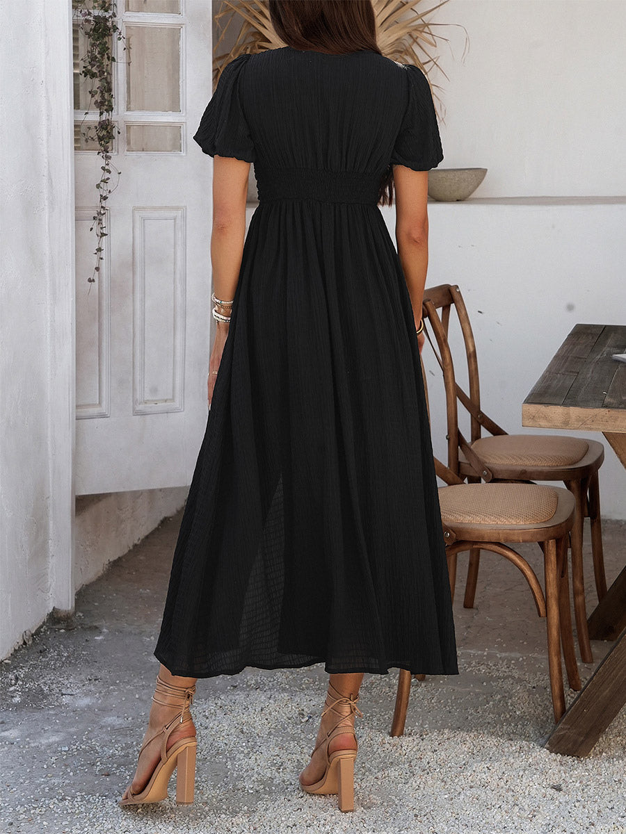 Daily Dresses Woman's Maxi Black Backless Buttons Short Sleeves V-Neck Raised Waist Dress