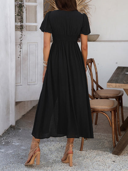 Daily Dresses Woman's Maxi Black Backless Buttons Short Sleeves V-Neck Raised Waist Dress