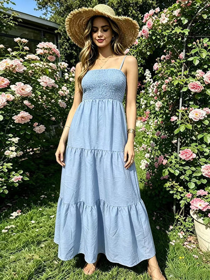 Vacation Dresses Maxi Backless Pleated Sleeveless Straps Neck Chic Light Sky Blue Dress