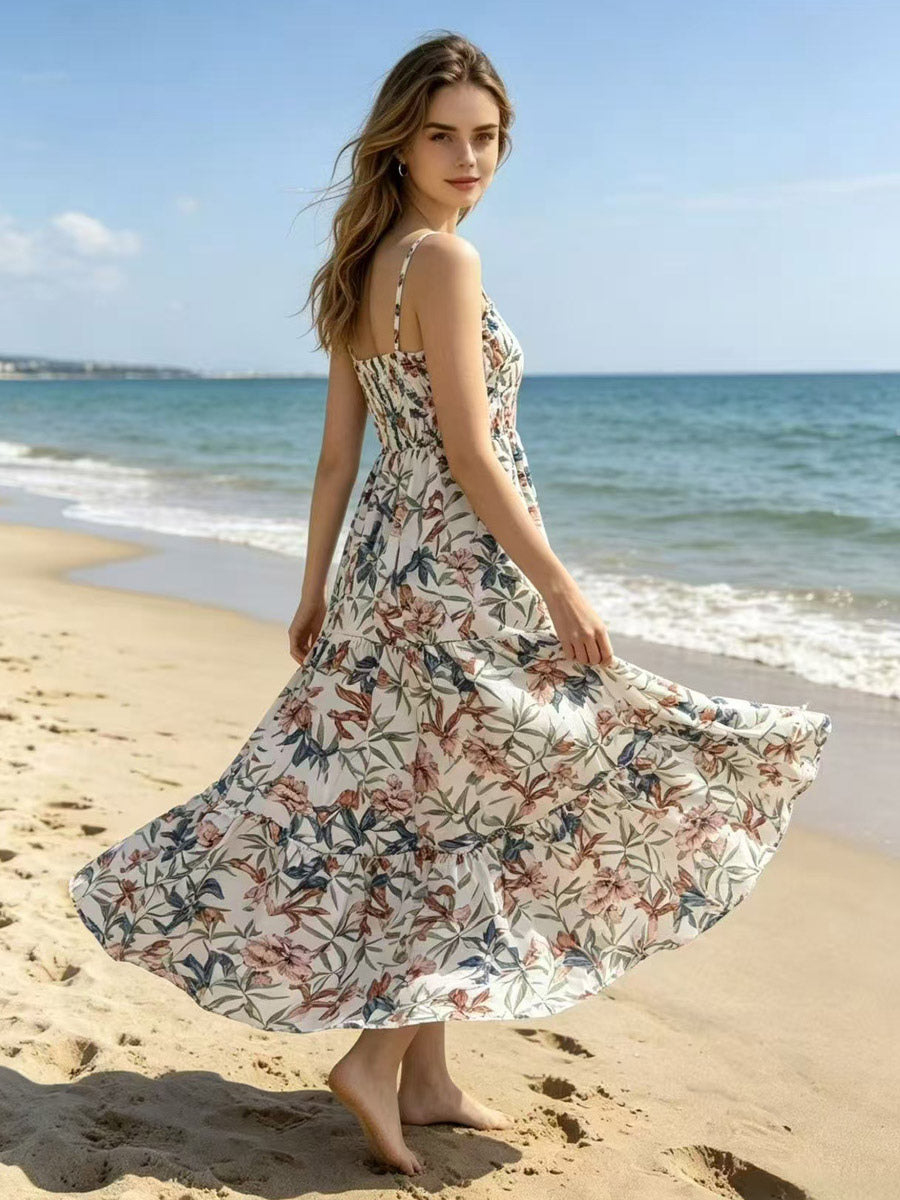 Vacation Dresses Maxi Backless Pleated Sleeveless Straps Neck Chic Light Sky Blue Dress