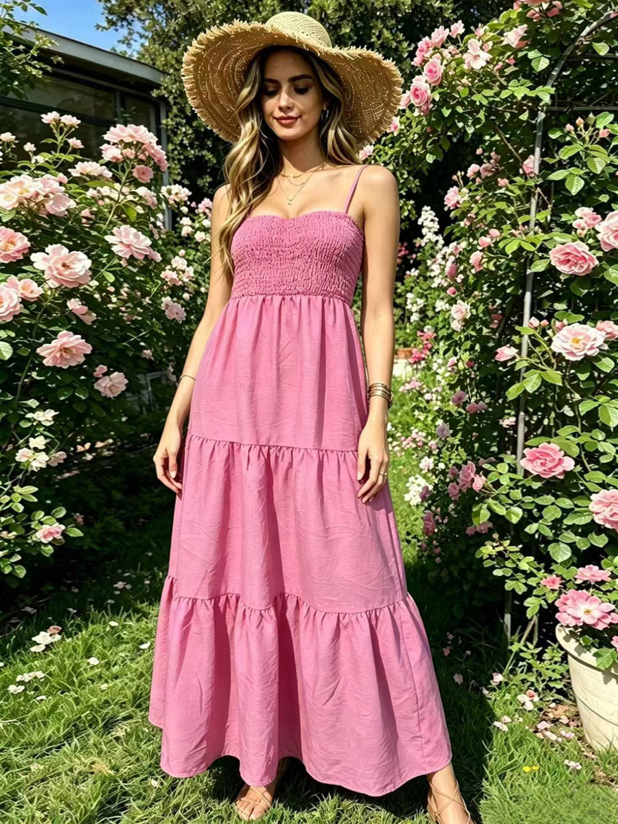 Vacation Dresses Maxi Backless Pleated Sleeveless Straps Neck Chic Light Sky Blue Dress