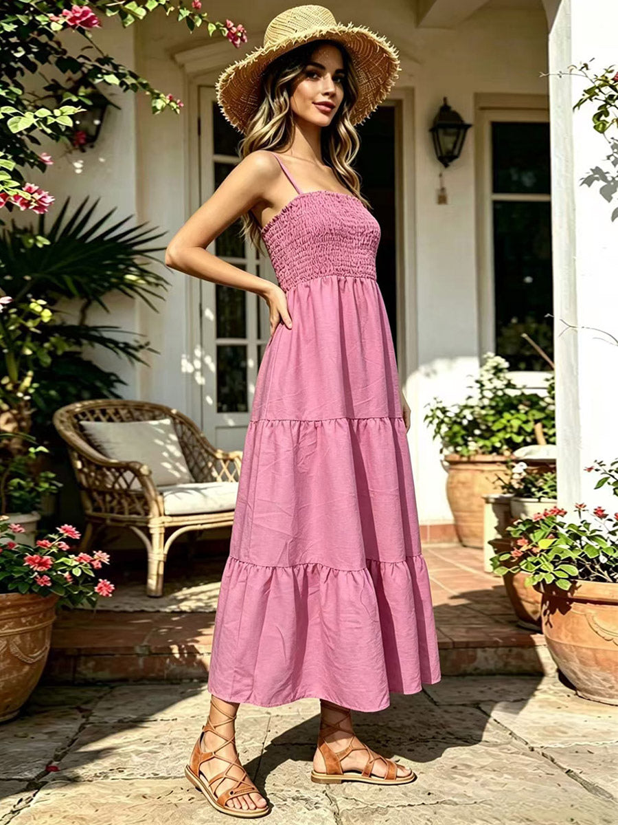 Vacation Dresses Maxi Backless Pleated Sleeveless Straps Neck Chic Light Sky Blue Dress