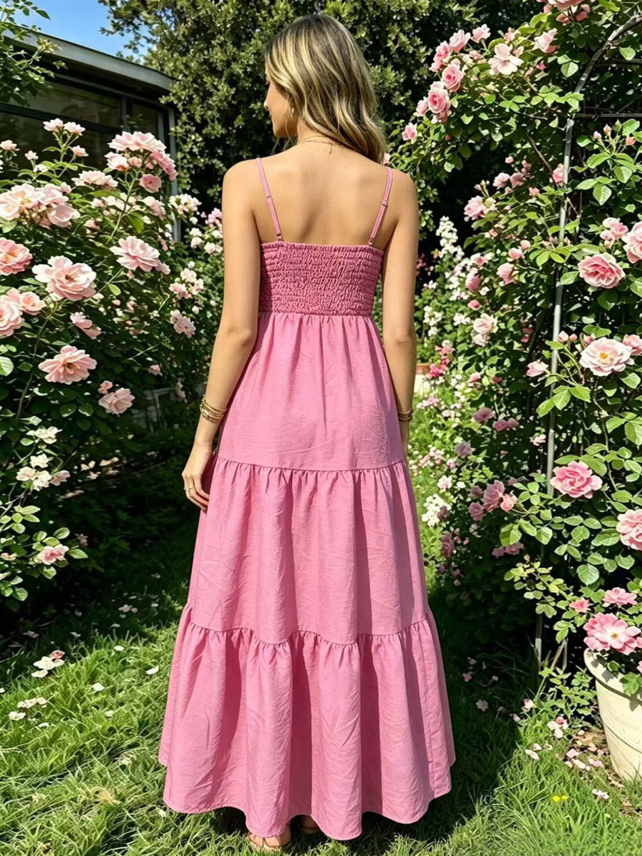 Vacation Dresses Maxi Backless Pleated Sleeveless Straps Neck Chic Light Sky Blue Dress