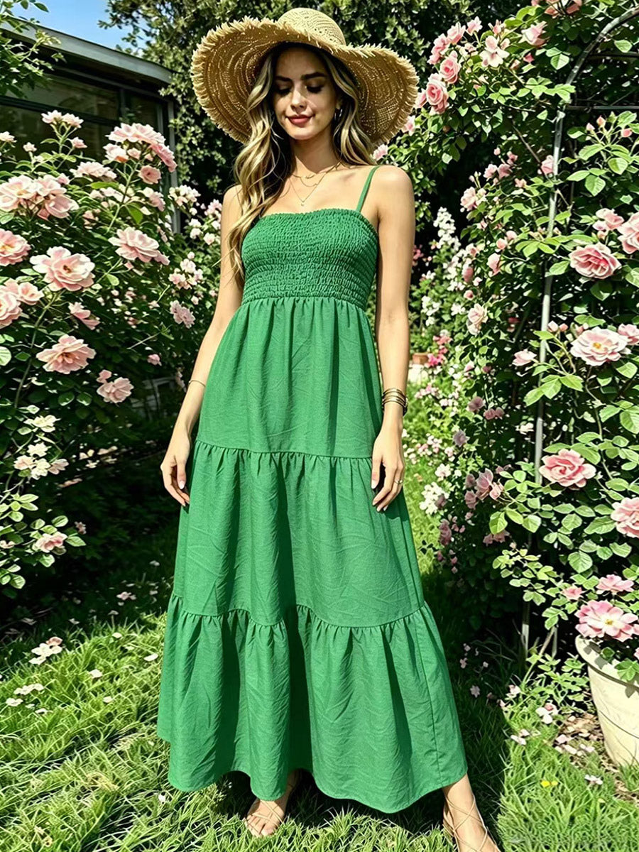 Vacation Dresses Maxi Backless Pleated Sleeveless Straps Neck Chic Light Sky Blue Dress