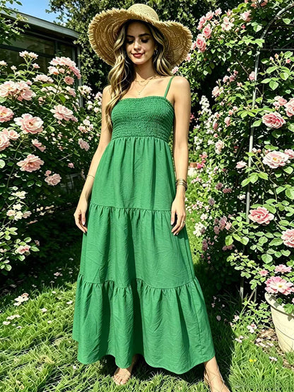 Vacation Dresses Maxi Backless Pleated Sleeveless Straps Neck Chic Light Sky Blue Dress