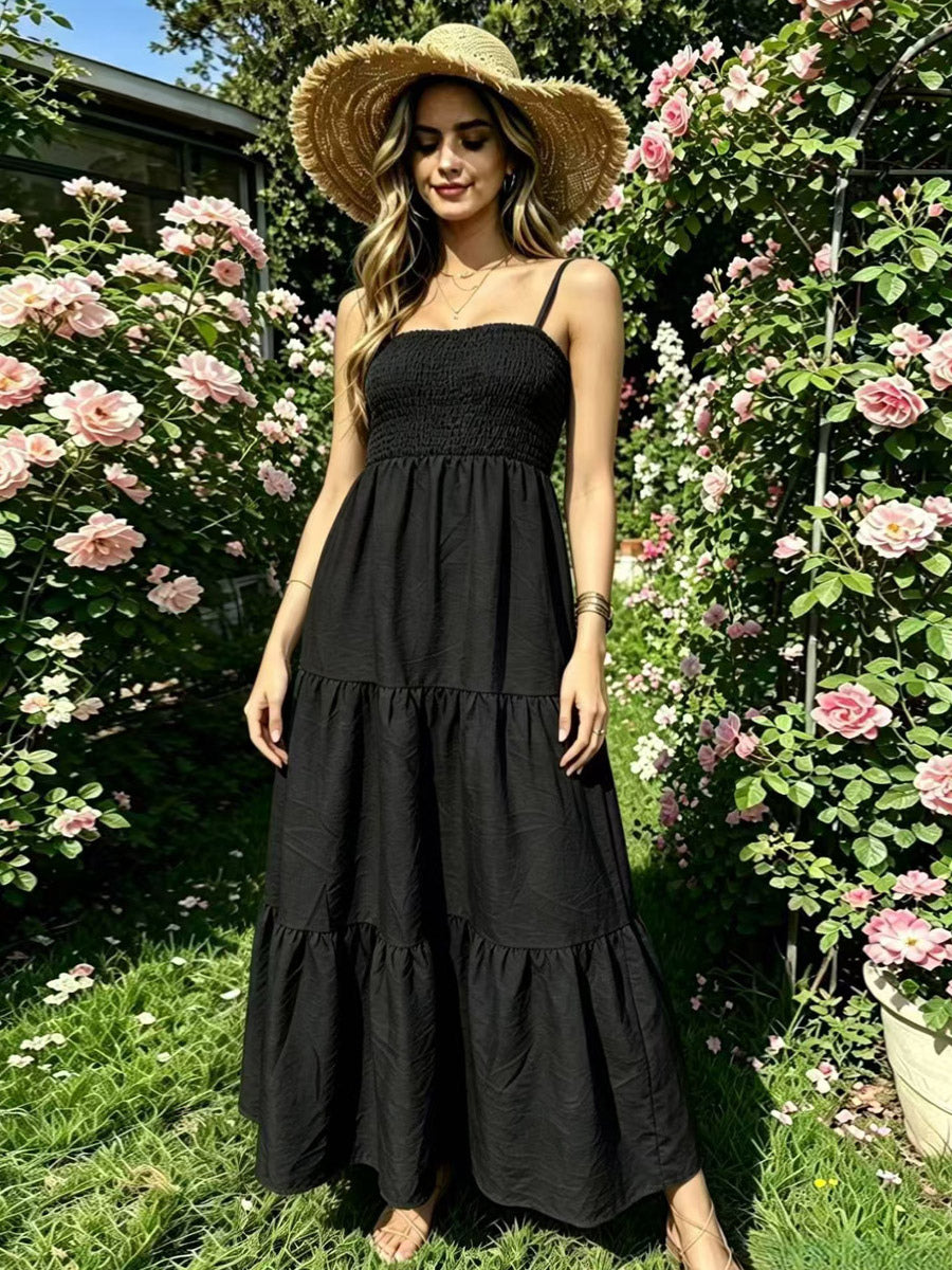 Vacation Dresses Maxi Backless Pleated Sleeveless Straps Neck Chic Light Sky Blue Dress