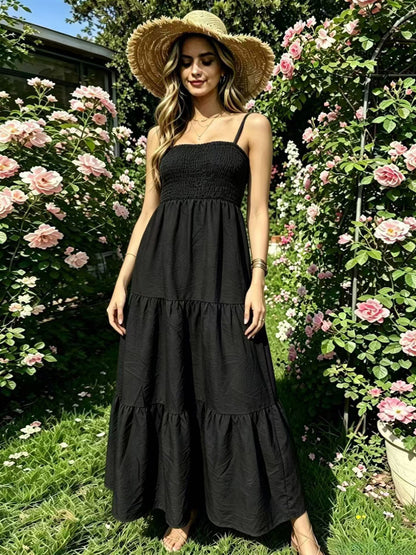 Vacation Dresses Maxi Backless Pleated Sleeveless Straps Neck Chic Light Sky Blue Dress