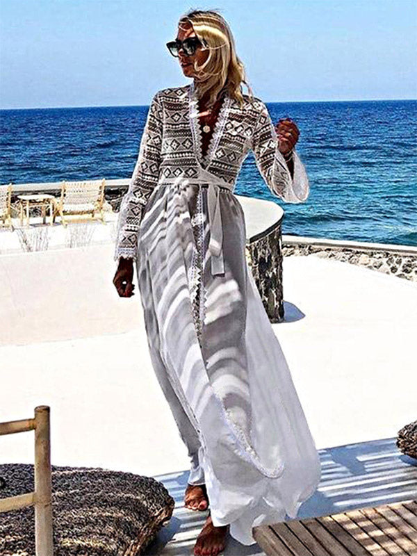 Cover Ups Ruffled Lace Cut Out Long Sleeves Athletic White Summer Beach Swimwear