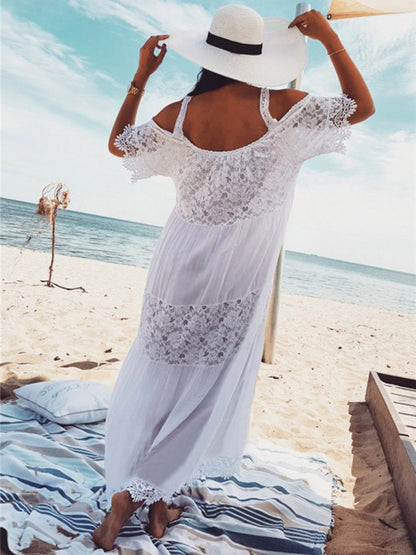 Vacation Dresses Lace Short Sleeves Straps Neck Sexy White Dress