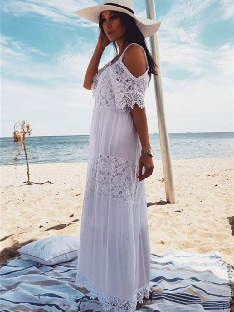 Vacation Dresses Lace Short Sleeves Straps Neck Sexy White Dress