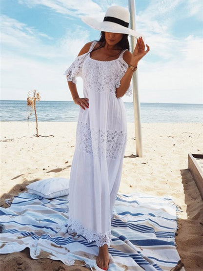 Vacation Dresses Lace Short Sleeves Straps Neck Sexy White Dress