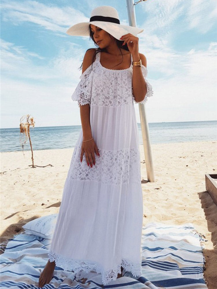 Vacation Dresses Lace Short Sleeves Straps Neck Sexy White Dress