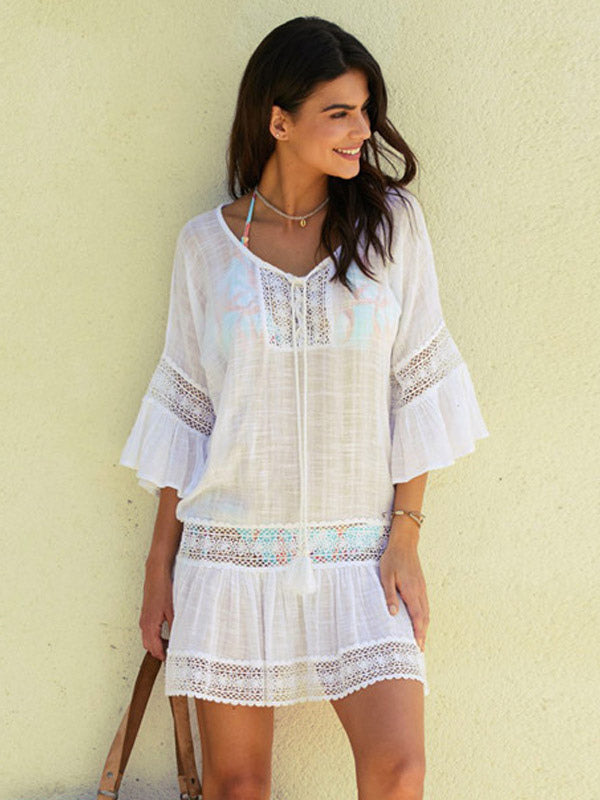 Cover Ups White Half Sleeves Lace Short Dress Summer Beach Swimwear