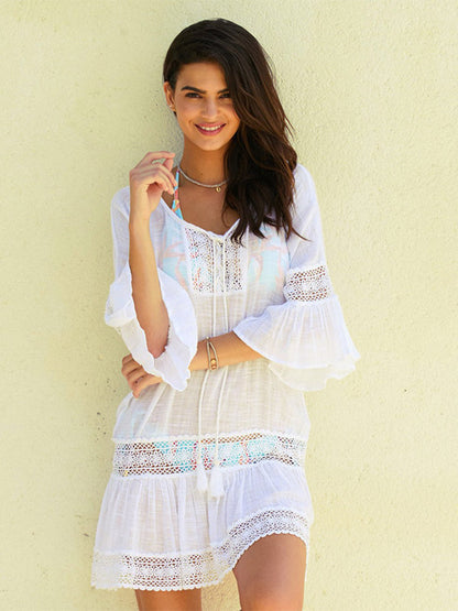 Cover Ups White Half Sleeves Lace Short Dress Summer Beach Swimwear