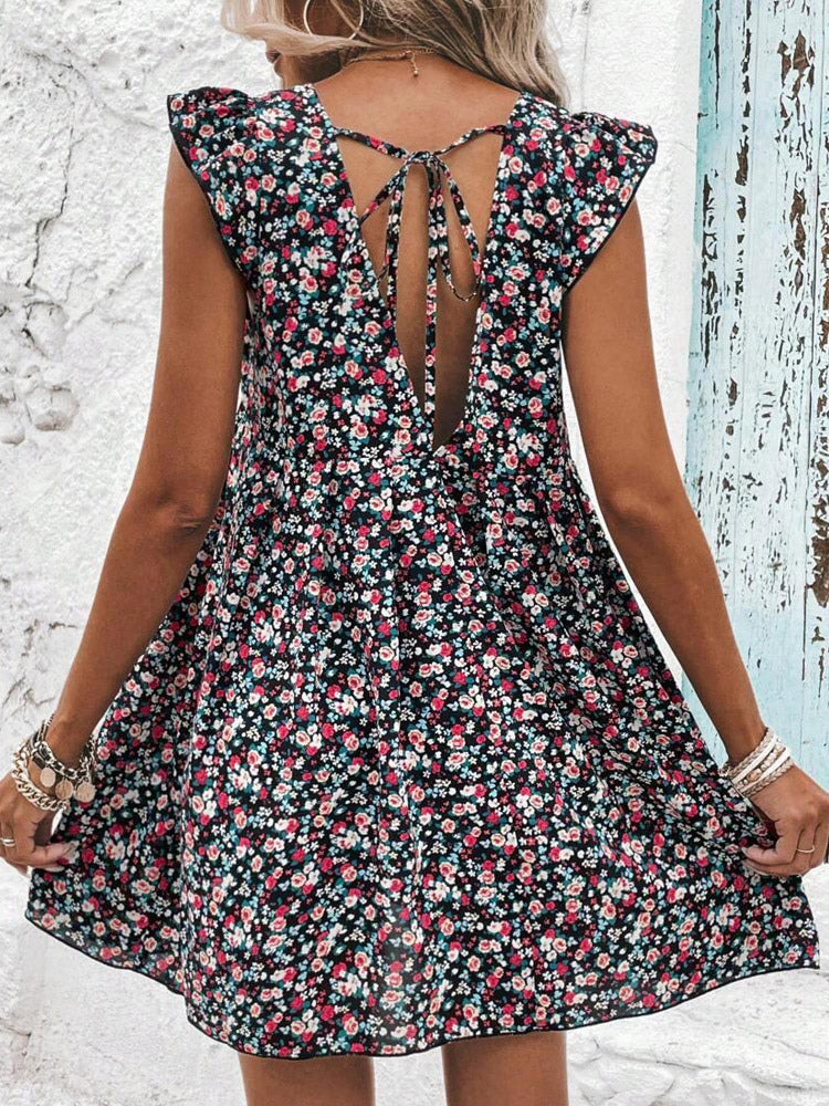 Mini Dresses White Printed Sleeveless Short Dress For Women
