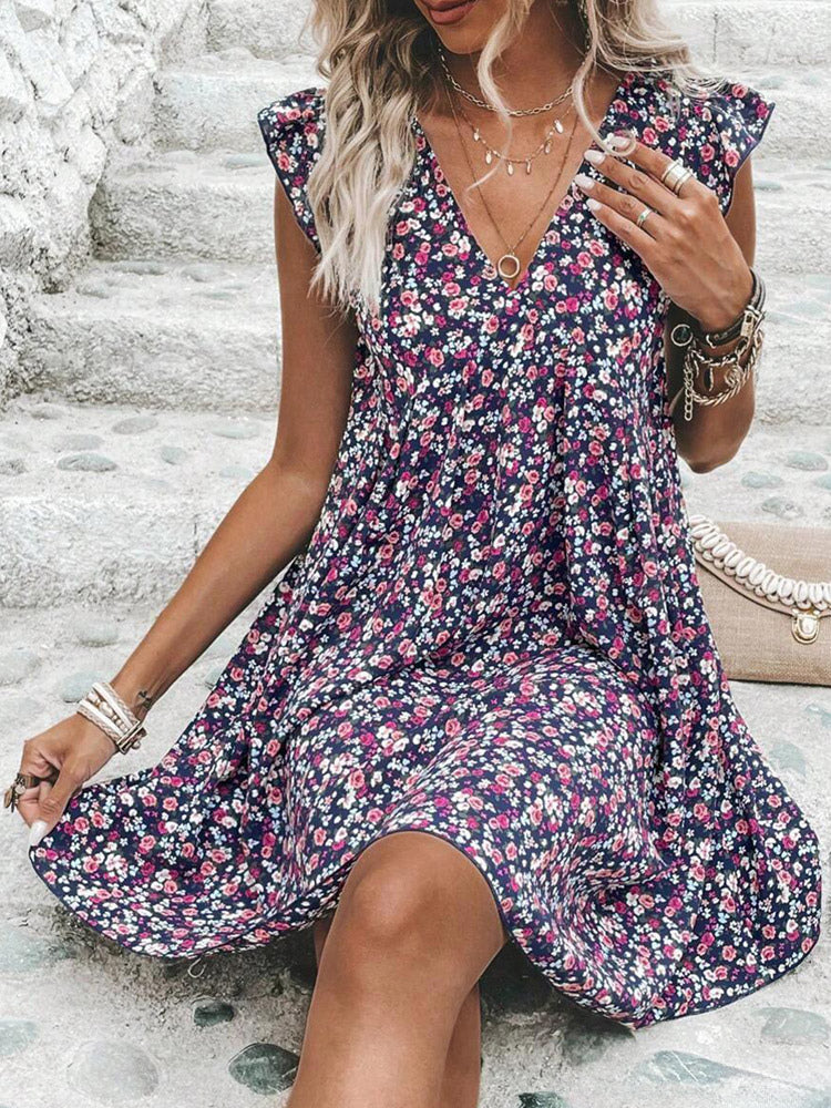 Mini Dresses White Printed Sleeveless Short Dress For Women