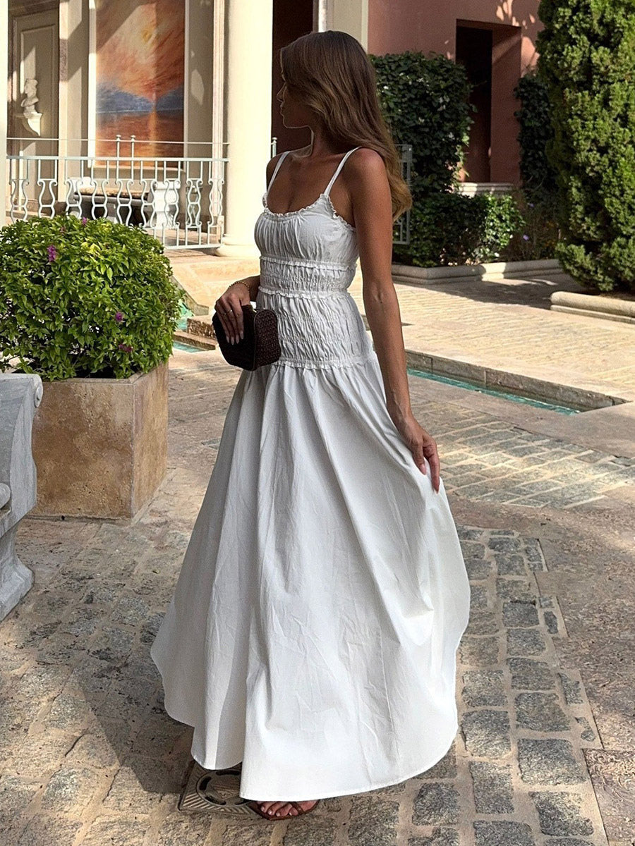 Date Night Dresses Shaping Pleated Sleeveless Straps Neck Casual White Dress