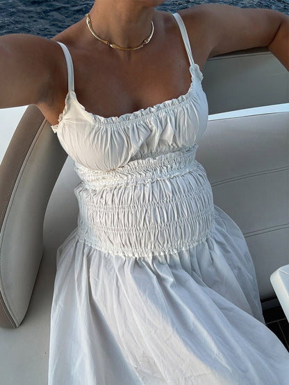 Date Night Dresses Shaping Pleated Sleeveless Straps Neck Casual White Dress