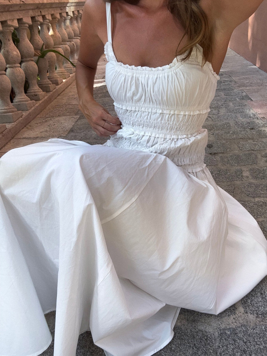 Date Night Dresses Shaping Pleated Sleeveless Straps Neck Casual White Dress