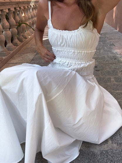 Date Night Dresses Shaping Pleated Sleeveless Straps Neck Casual White Dress