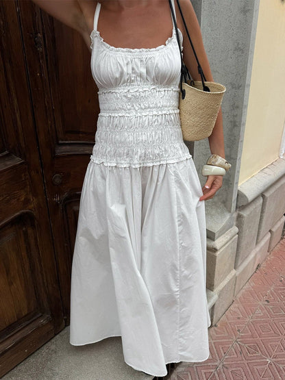 Date Night Dresses Shaping Pleated Sleeveless Straps Neck Casual White Dress