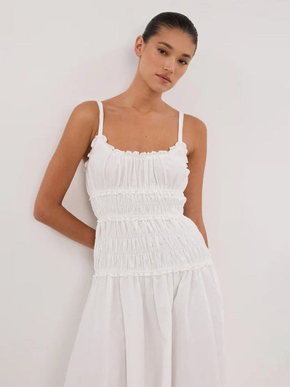 Date Night Dresses Shaping Pleated Sleeveless Straps Neck Casual White Dress
