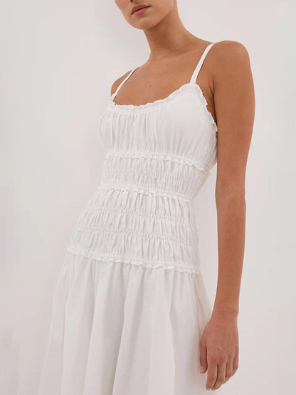 Date Night Dresses Shaping Pleated Sleeveless Straps Neck Casual White Dress