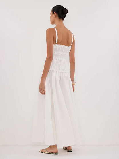 Date Night Dresses Shaping Pleated Sleeveless Straps Neck Casual White Dress