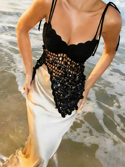 Corset Tops White Athletic Sleeveless Straps Neck Shaping Fishnet Sequins Tops
