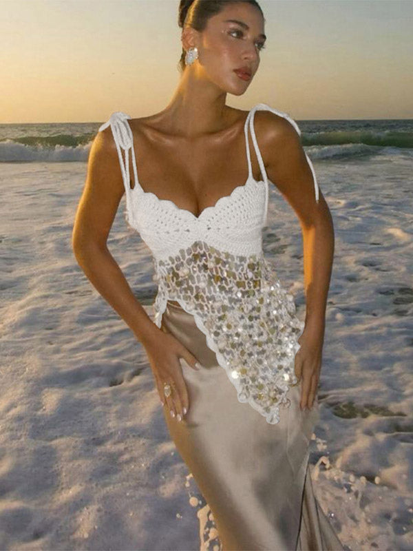Corset Tops White Athletic Sleeveless Straps Neck Shaping Fishnet Sequins Tops