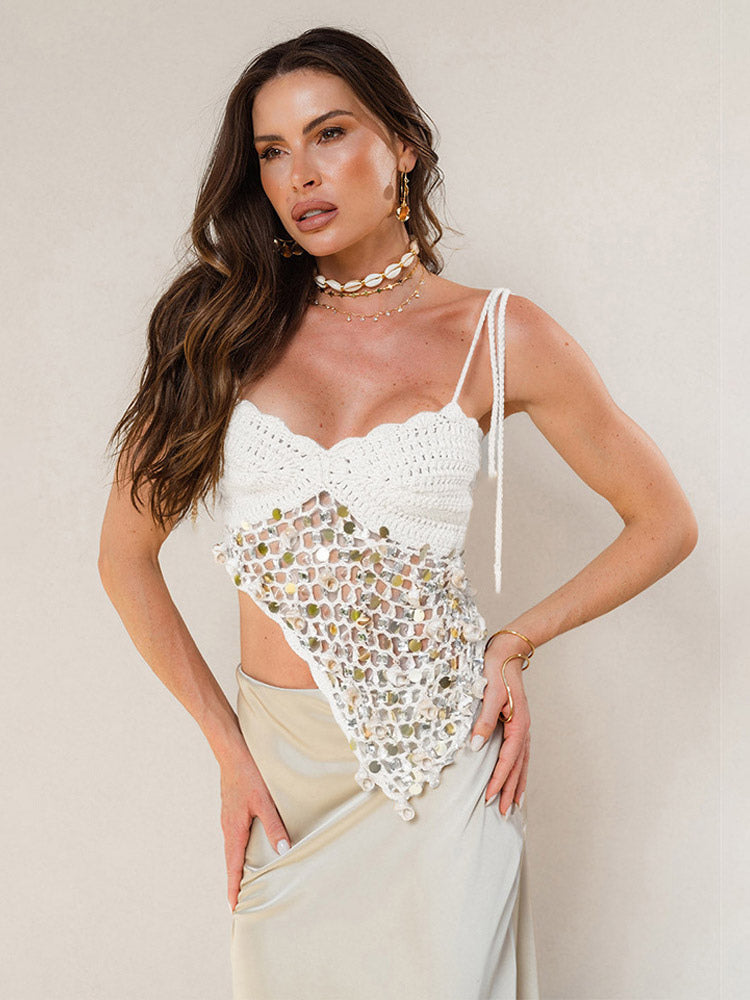 Corset Tops White Athletic Sleeveless Straps Neck Shaping Fishnet Sequins Tops