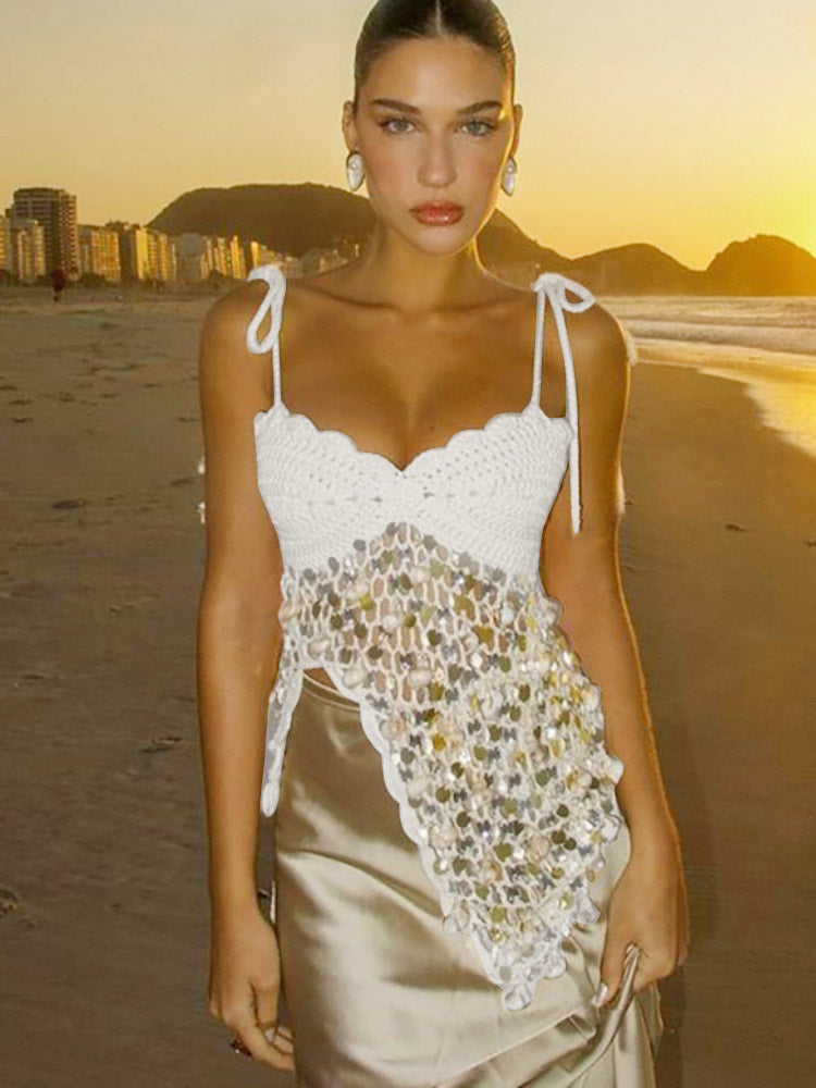 Corset Tops White Athletic Sleeveless Straps Neck Shaping Fishnet Sequins Tops