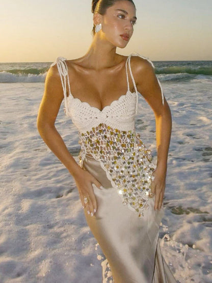 Corset Tops White Athletic Sleeveless Straps Neck Shaping Fishnet Sequins Tops